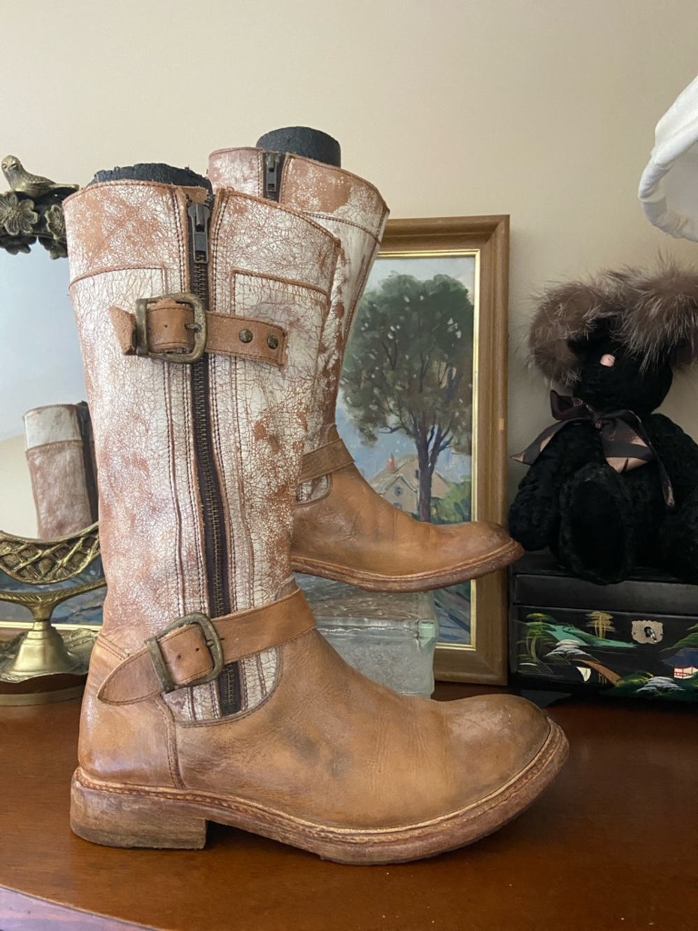 Bed Stu Two-Tone Tan and Cream Distressed Leather Lace-Up Boots